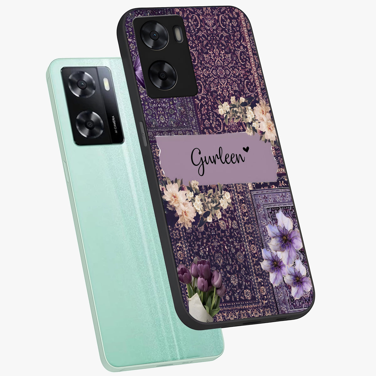 Antique Floral Whisper Custom Name Glass Case displayed in angled mockup highlighting elegant antique floral aesthetic.