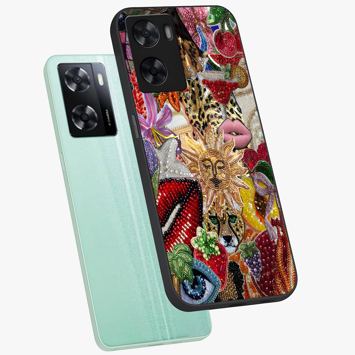 Beaded Fashion Jungle Glass Case displayed in angled mockup highlighting colorful fashion bead design and artistic pattern.