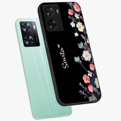 Black Elegance Floral Custom Name Glass Case displayed in angled mockup highlighting dark floral aesthetic and custom name feature.