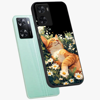 Blissful Bloom Cat Glass Case displayed in angled mockup highlighting playful feline illustration with soft floral aesthetic.