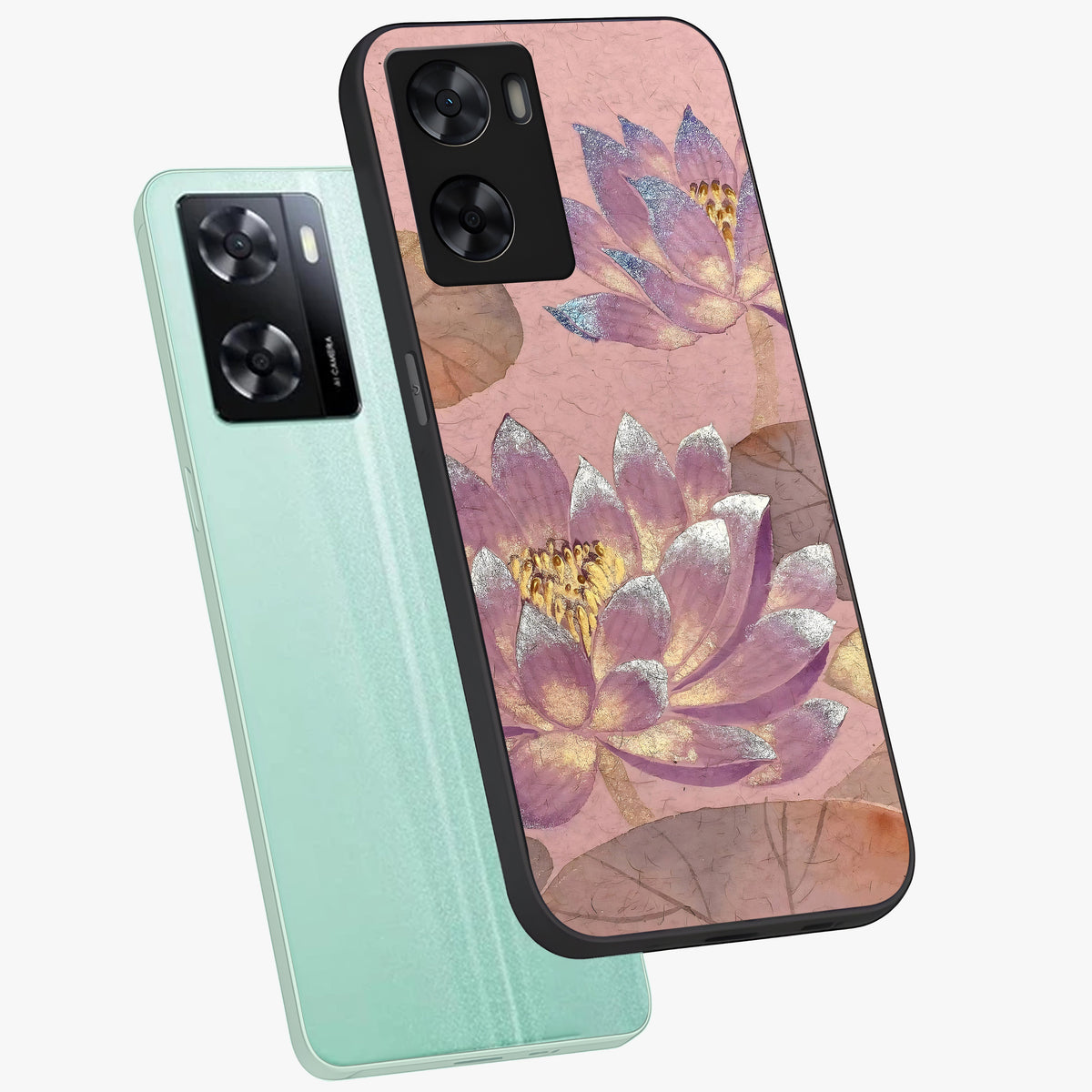 Blossom Mist Lotus Glass Case displayed in angled mockup highlighting delicate lotus illustration with calm aesthetic theme.