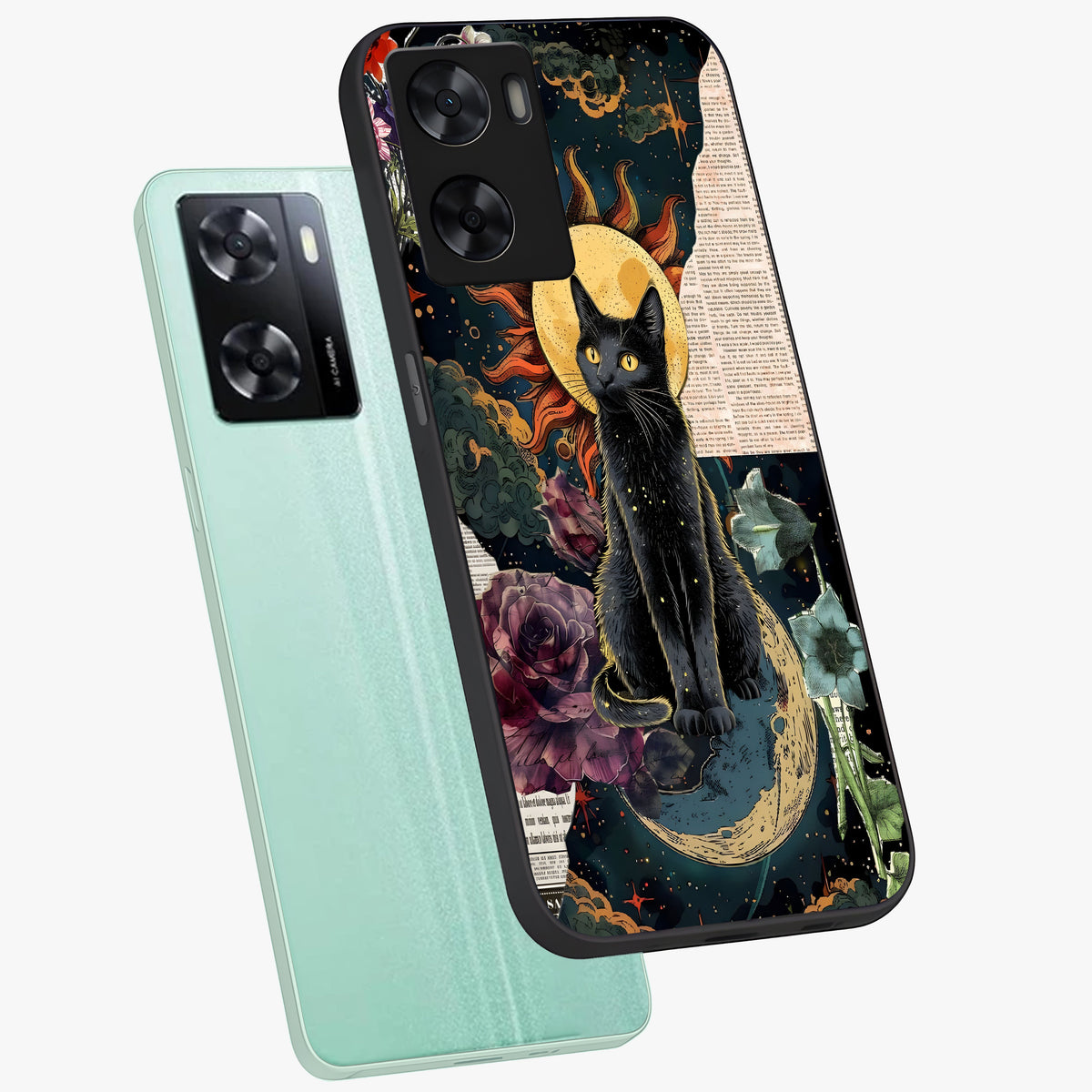Celestial Black Cat Glass Case displayed in angled mockup highlighting cosmic black cat design with celestial aesthetic.