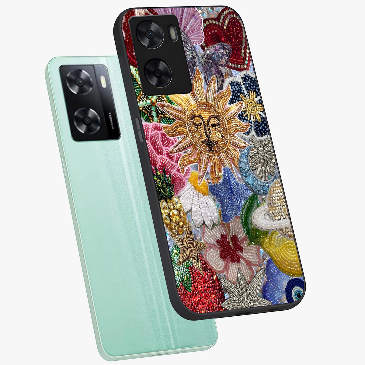 Celestial Floral and Playful Glass Case displayed in angled mockup highlighting playful floral design with dreamy celestial elements.