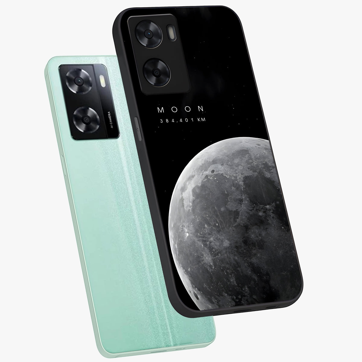 Cosmic Moon Glow Glass Case displayed in angled mockup highlighting celestial moon design with cosmic aesthetic theme.