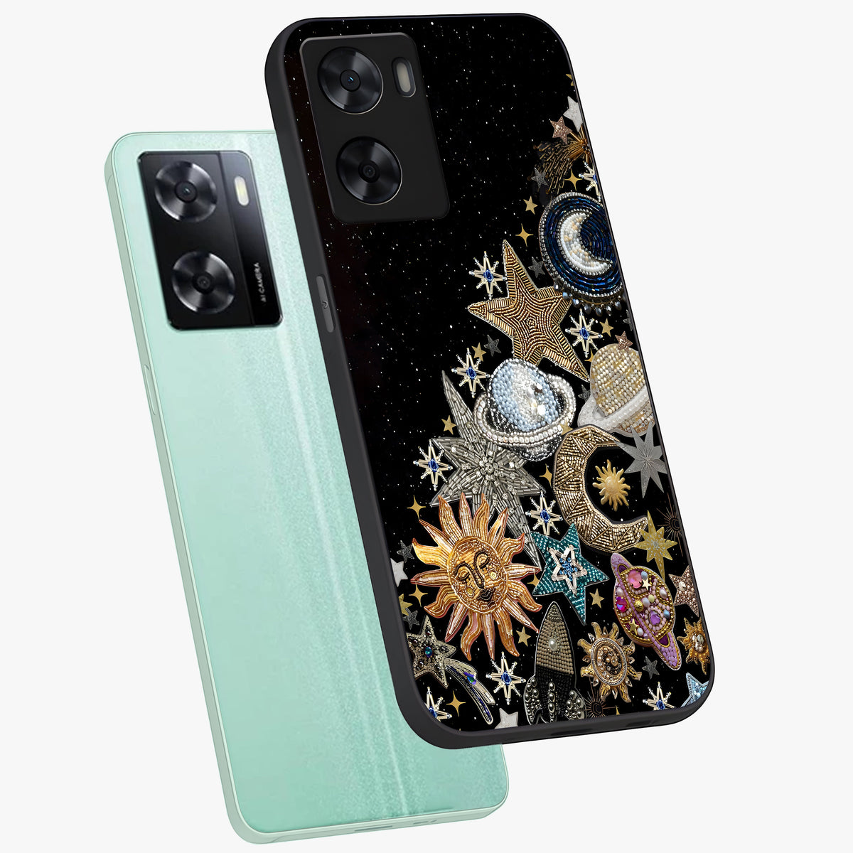 Cosmic Sparkle Dreams Glass Case displayed in angled mockup highlighting dreamy star sparkle design with celestial aesthetic.