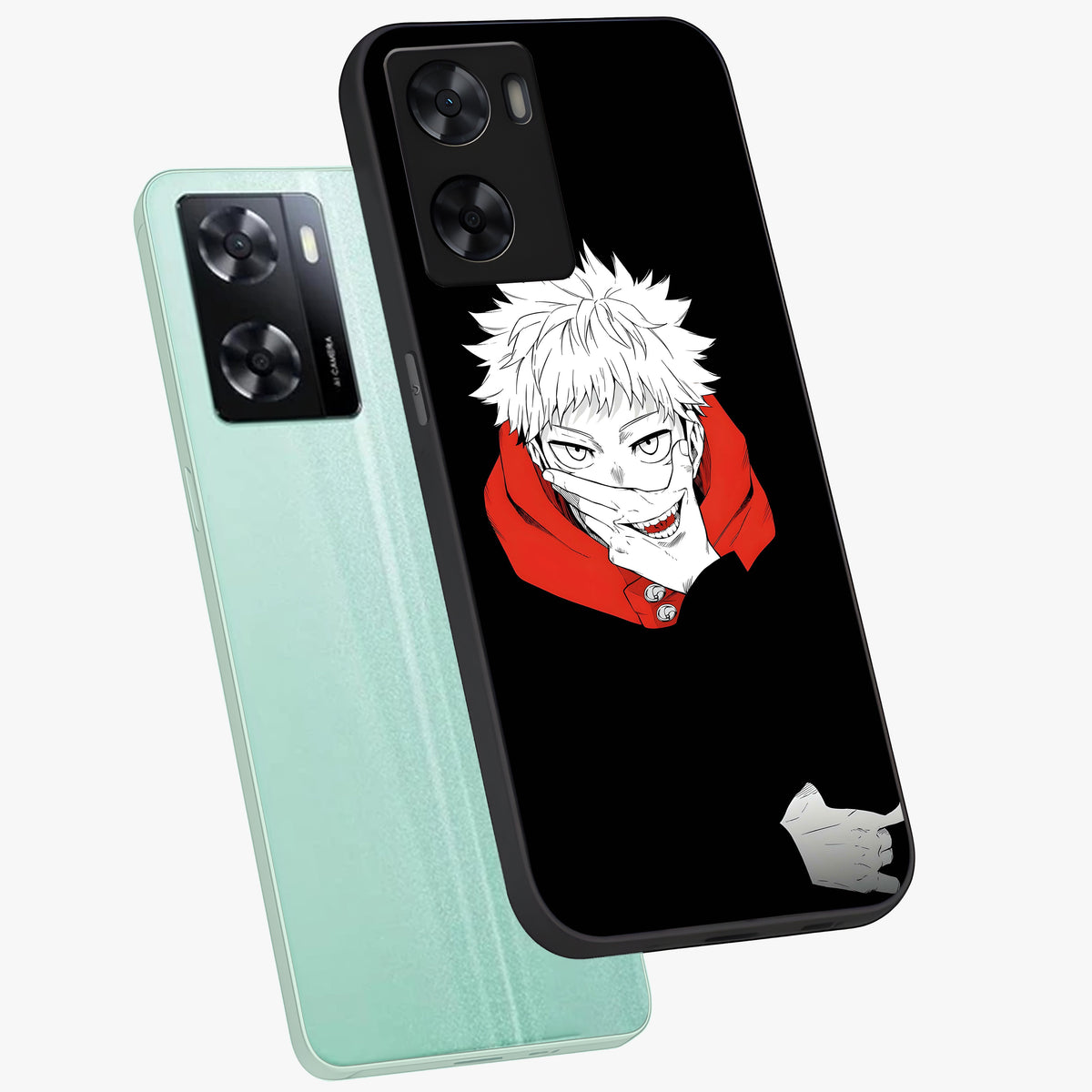 Crimson Chaos Smile Glass Case displayed in angled mockup highlighting edgy crimson smile design with graphic aesthetic.