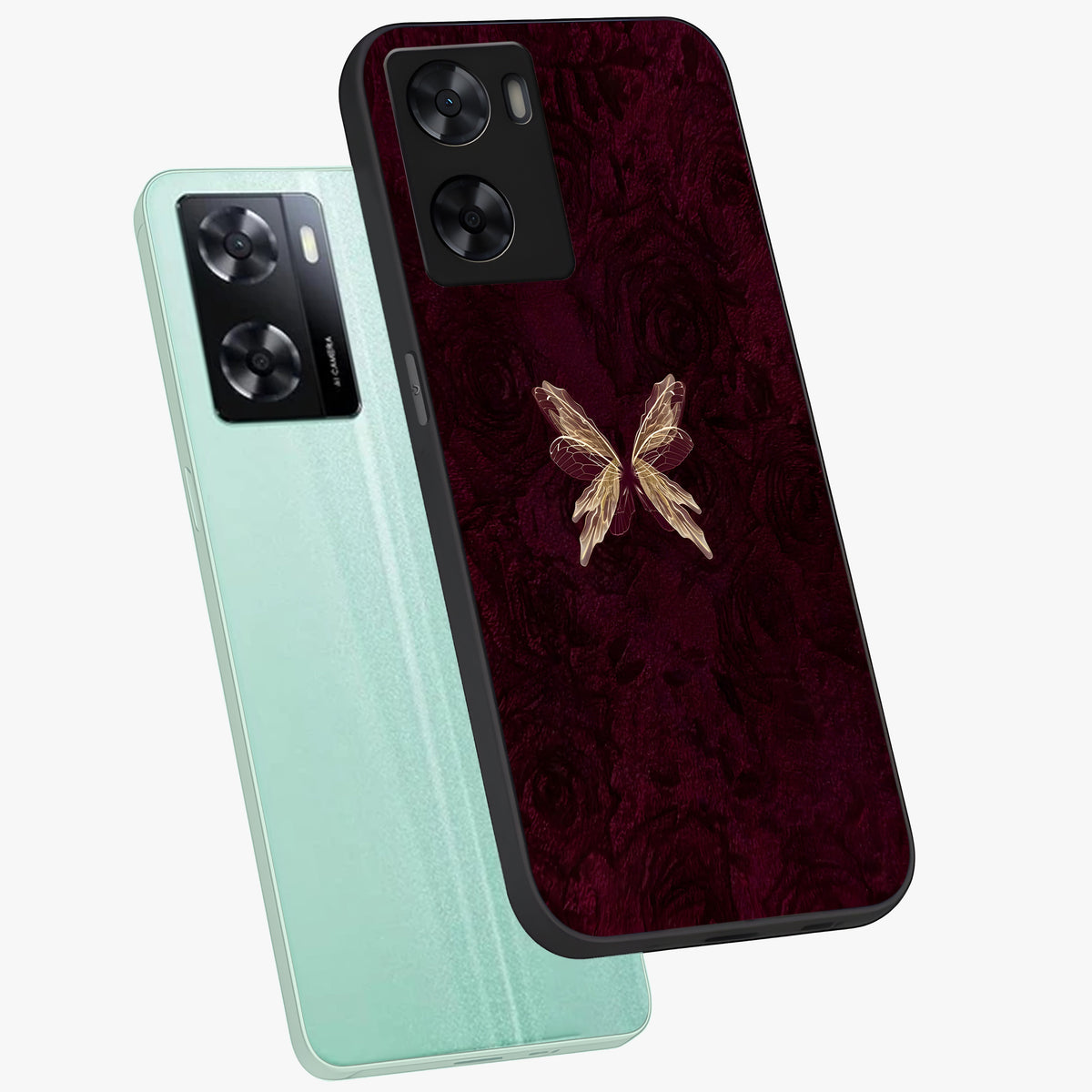Crimson Fade Butterfly Glass Case displayed in angled mockup highlighting elegant butterfly design with crimson gradient aesthetic.