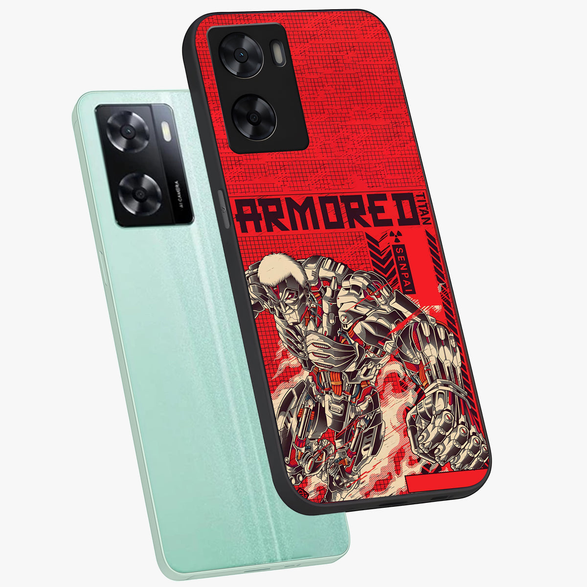 Crimson Mecha Titan Glass Case displayed in angled mockup highlighting futuristic mech illustration with bold crimson aesthetic.