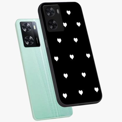 Cute And Simple White Hearts Glass Case displayed in angled mockup highlighting cute heart design with clean aesthetic style.