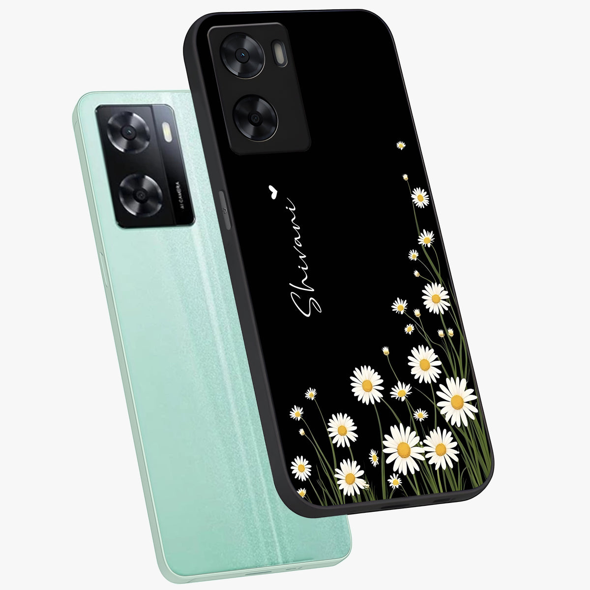 Daisy Cascade Custom Name Glass Case displayed in angled mockup highlighting delicate daisy artwork with custom name feature.