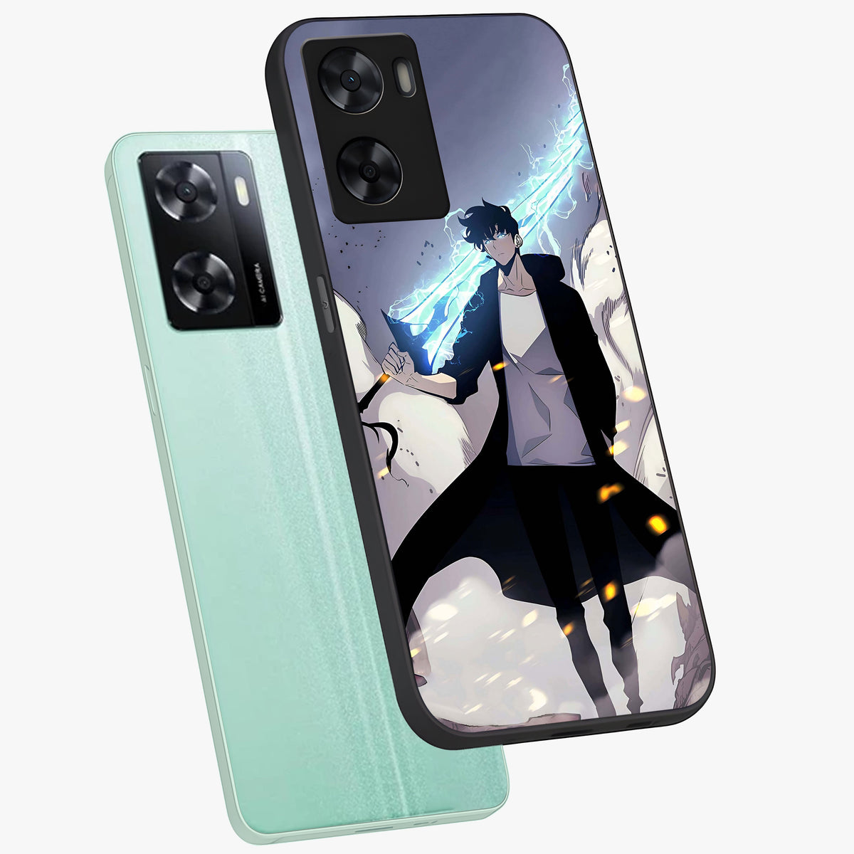 Dark Lightning Anime Warrior Glass Case displayed in angled mockup highlighting powerful lightning themed anime illustration.