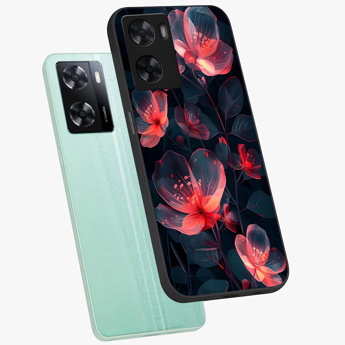 Dark Shade of Flower Glass Case displayed in angled mockup highlighting moody floral illustration with aesthetic dark tones.