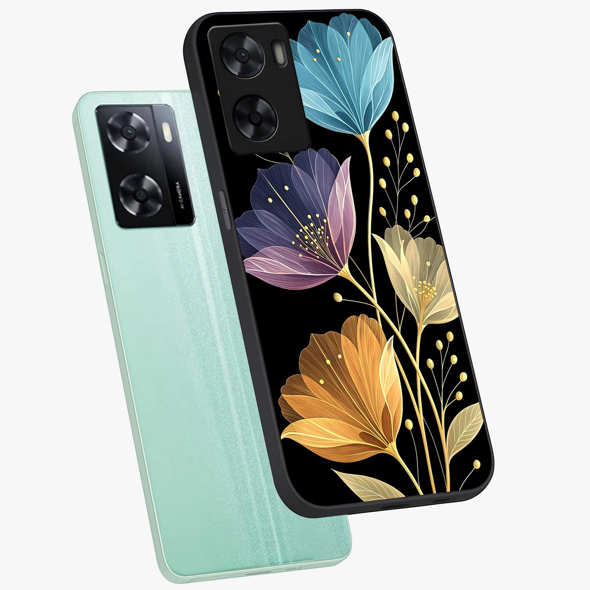 Delicate Multicolor Flowers Glass Case displayed in angled mockup highlighting colorful flower pattern with soft aesthetic style.