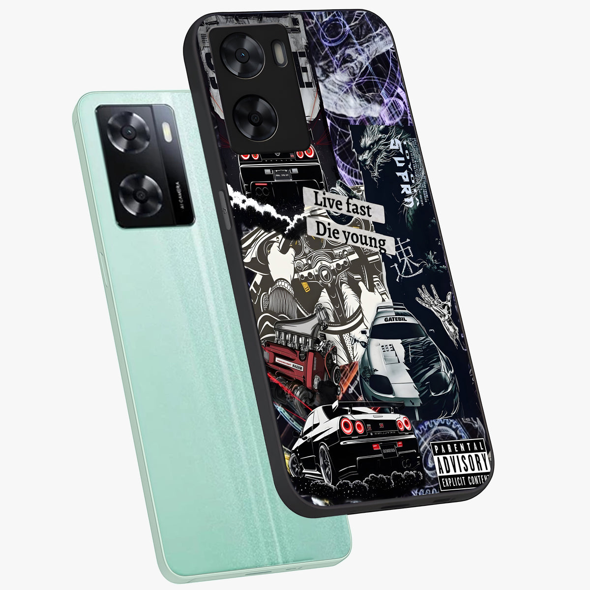 Die Young Glass Case displayed in angled mockup highlighting expressive graphic artwork with edgy aesthetic style.