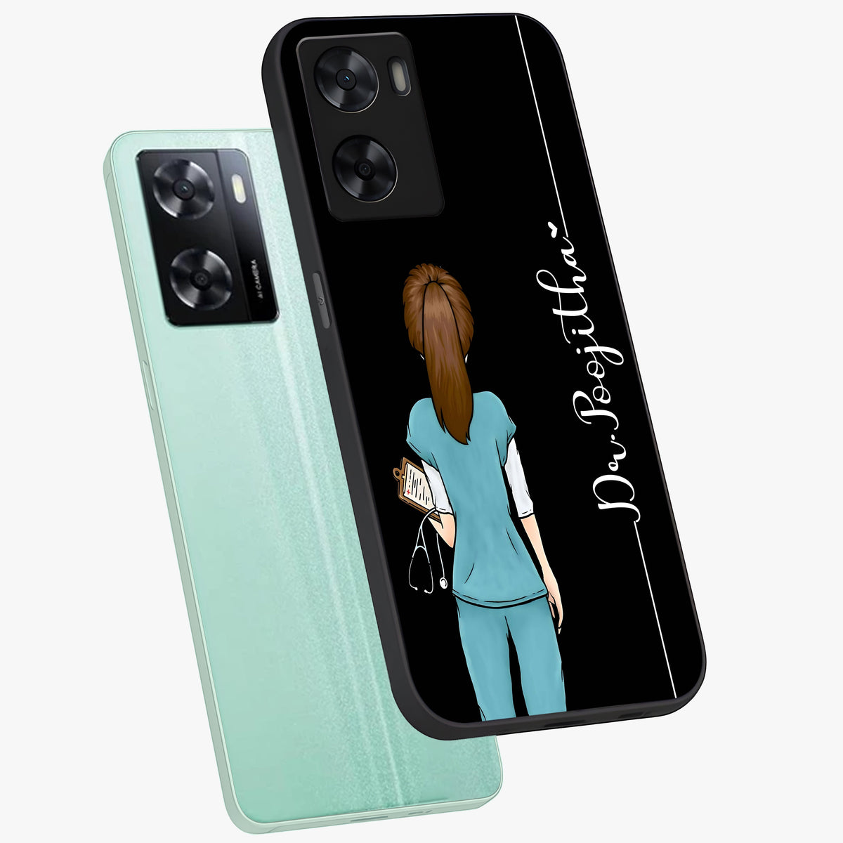 Doctor Pattern Custom Name Glass Case displayed in angled mockup highlighting doctor inspired artwork with custom name feature.