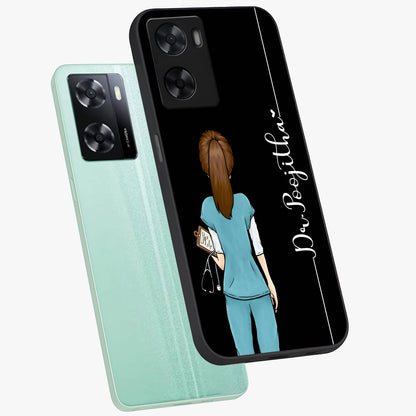 Doctor Pattern Custom Name Glass Case displayed in angled mockup highlighting doctor inspired artwork with custom name feature.