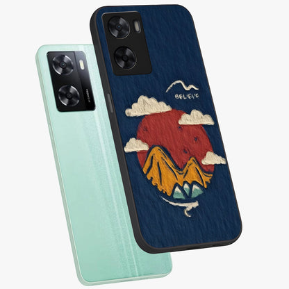 Dream Beyond Mountains Glass Case displayed in angled mockup highlighting dreamy mountain illustration with peaceful aesthetic.
