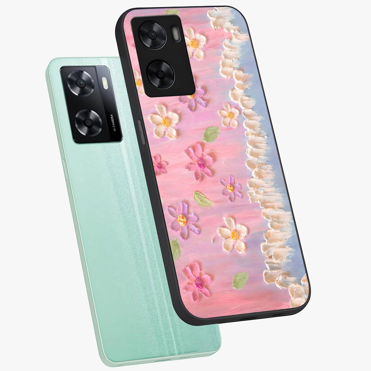 Dreamy Painted Garden Glass Case displayed in angled mockup highlighting colorful garden illustration with dreamy aesthetic style.