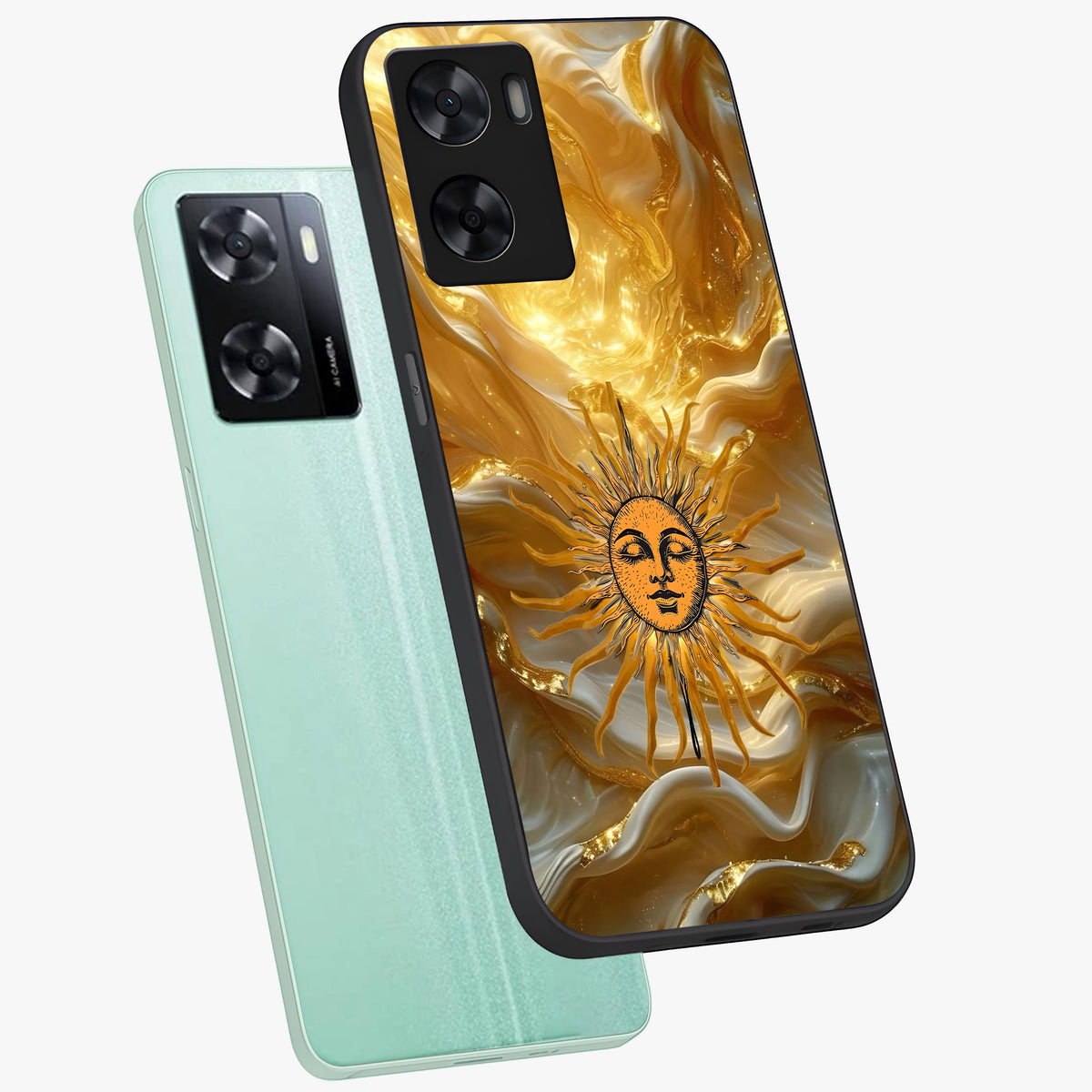 Eternal Golden Glow Glass Case displayed in angled mockup highlighting glowing golden aesthetic design with elegant style.