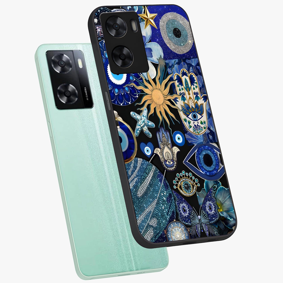 Evil Eye Charm Mix Glass Case displayed in angled mockup highlighting protective evil eye symbols with spiritual aesthetic design.