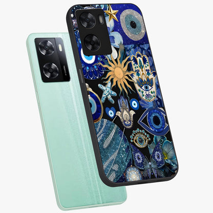 Evil Eye Charm Mix Glass Case displayed in angled mockup highlighting protective evil eye symbols with spiritual aesthetic design.