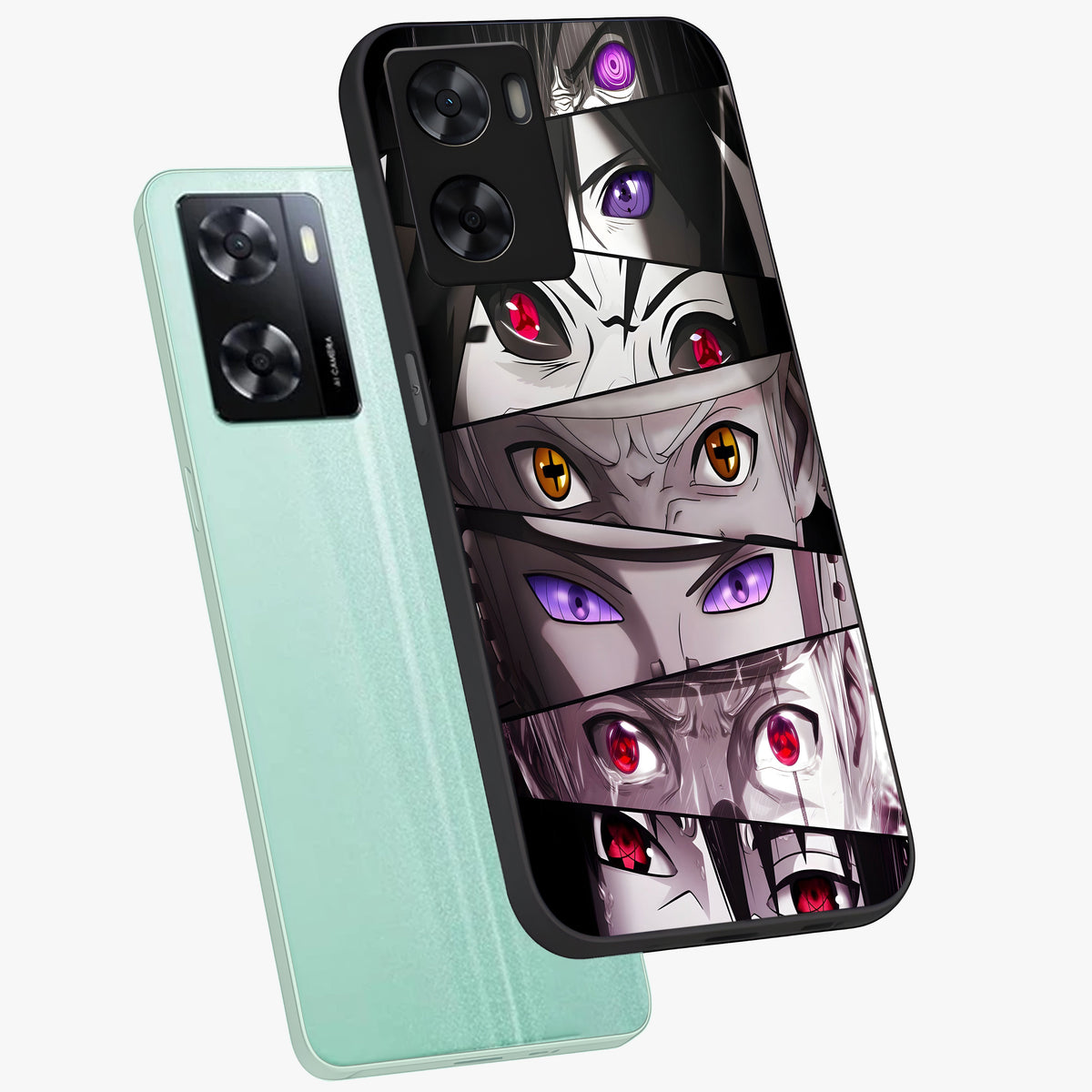 Eyes of Destiny Glass Case displayed in angled mockup highlighting bold eye illustration with mystical aesthetic style.
