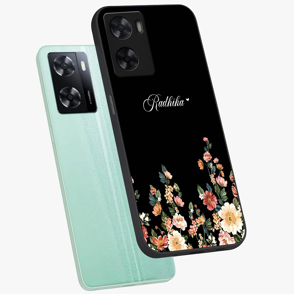Floral Design With a Custom Personalized Name Glass Case displayed in angled mockup highlighting elegant floral pattern with custom name feature.