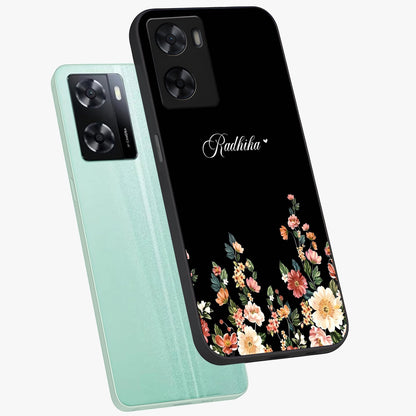Floral Design With a Custom Personalized Name Glass Case displayed in angled mockup highlighting elegant floral pattern with custom name feature.