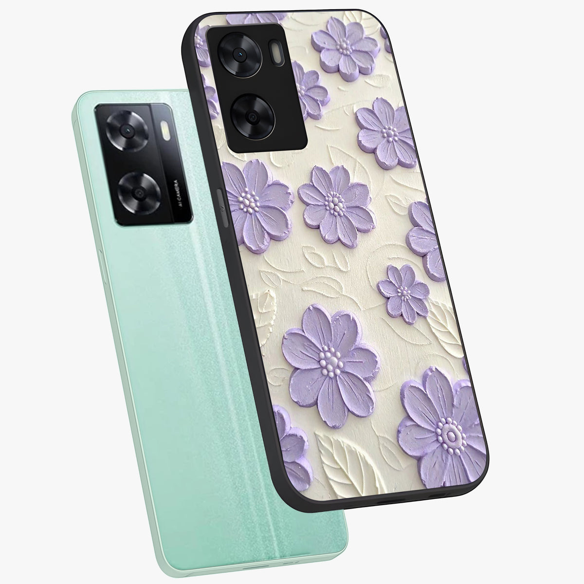 Floral Wall Art With Purple Flowers Glass Case displayed in angled mockup highlighting vibrant purple floral illustration with artistic aesthetic.