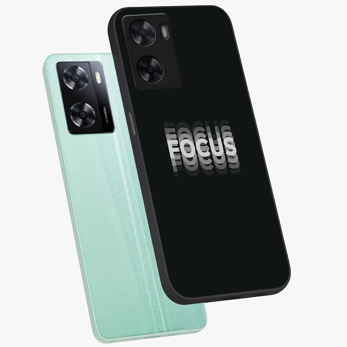 Focus Mode On Glass Case displayed in angled mockup highlighting clean minimal text artwork with modern aesthetic style.