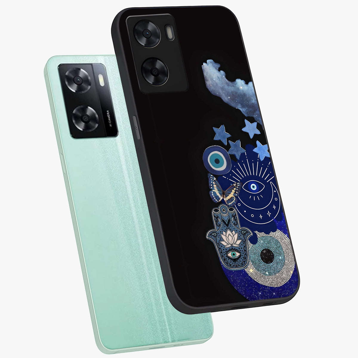 Galactic Charm Cluster Glass Case displayed in angled mockup highlighting luminous galaxy inspired design with dreamy aesthetic.