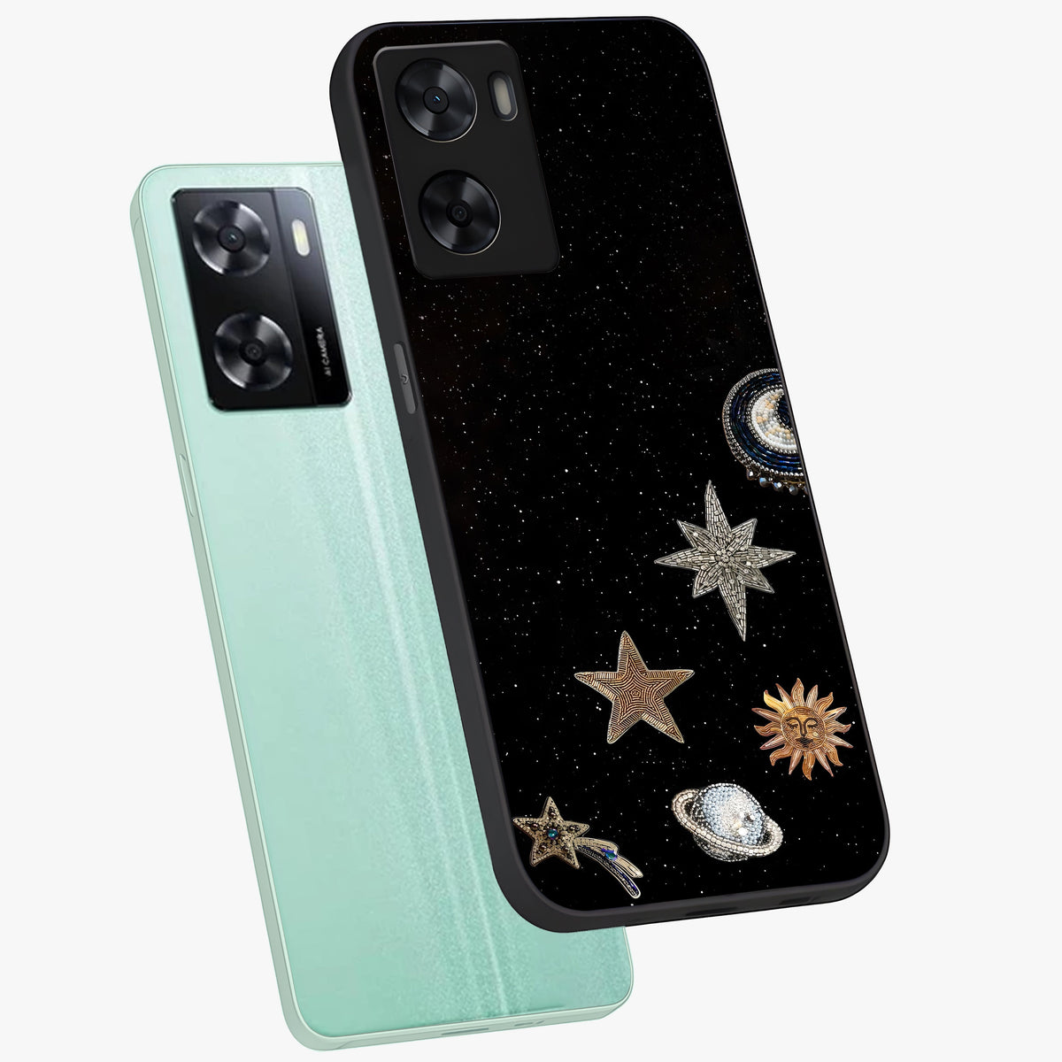 Galactic Charm Glow Glass Case displayed in angled mockup highlighting luminous galaxy inspired design with dreamy aesthetic.