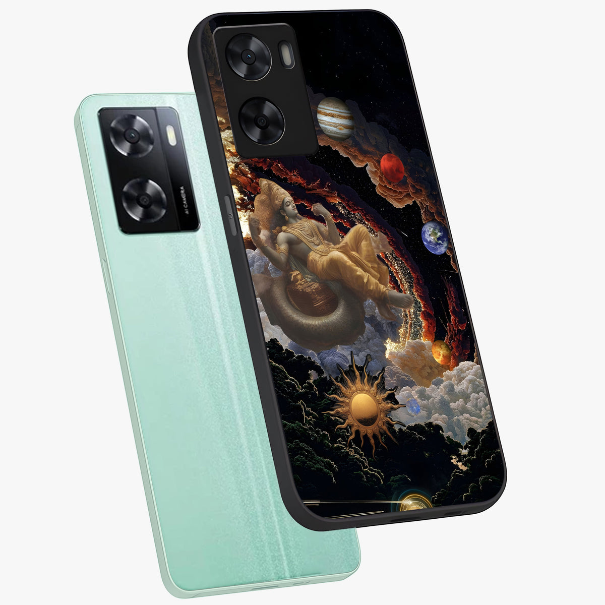 Galactic Divine God Glass Case displayed in angled mockup highlighting powerful celestial deity illustration with galactic aesthetic.