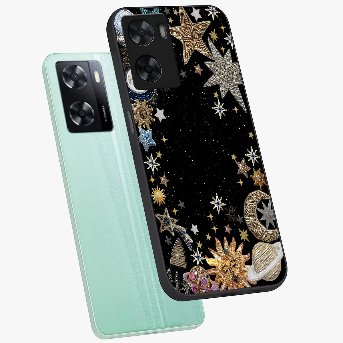 Galactic Jewel Stars Glass Case displayed in angled mockup highlighting shining celestial star design with cosmic aesthetic style.