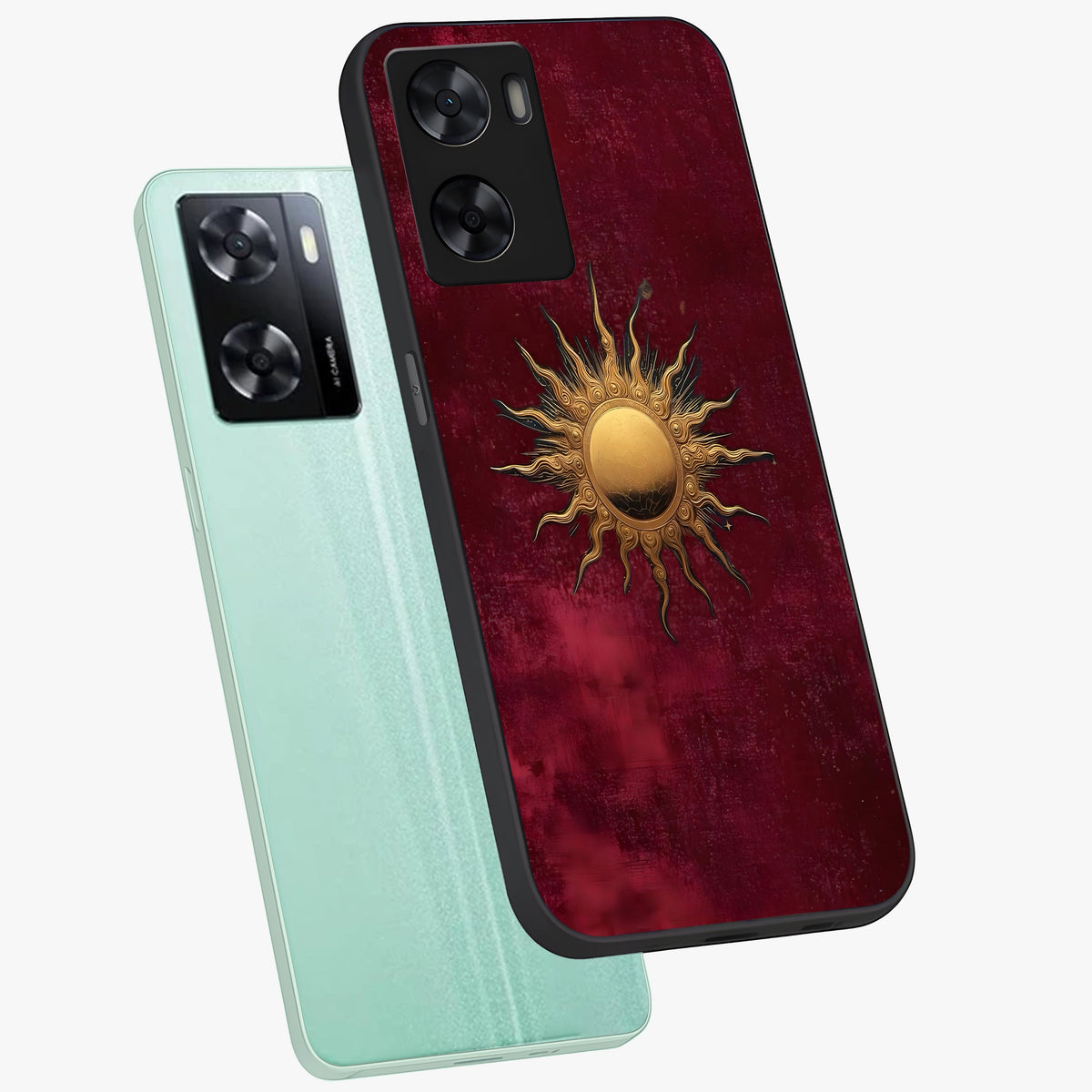 Golden Sun Minimalism Glass Case displayed in angled mockup highlighting clean sun symbol design with modern minimal aesthetic.