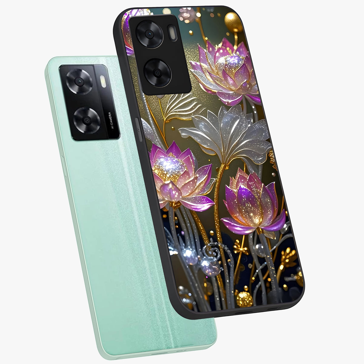 Golden Floral Majesty Glass Case displayed in angled mockup highlighting elegant flower design with royal golden aesthetic.