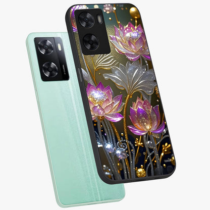 Golden Floral Majesty Glass Case displayed in angled mockup highlighting elegant flower design with royal golden aesthetic.