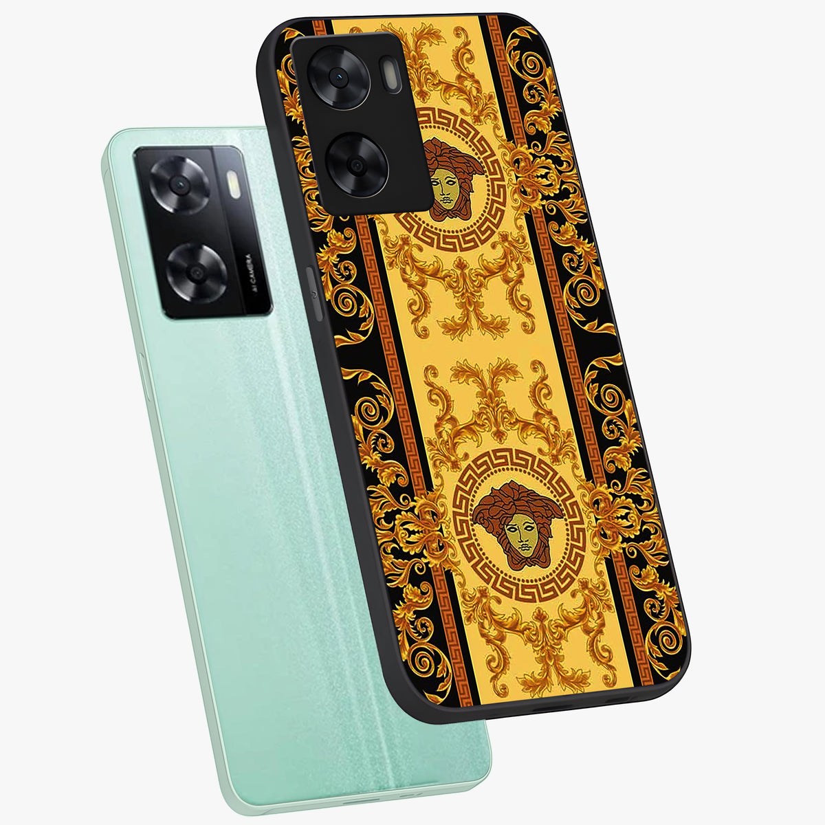 Golden Lotus Glow Glass Case displayed in angled mockup highlighting radiant lotus illustration with spiritual aesthetic.