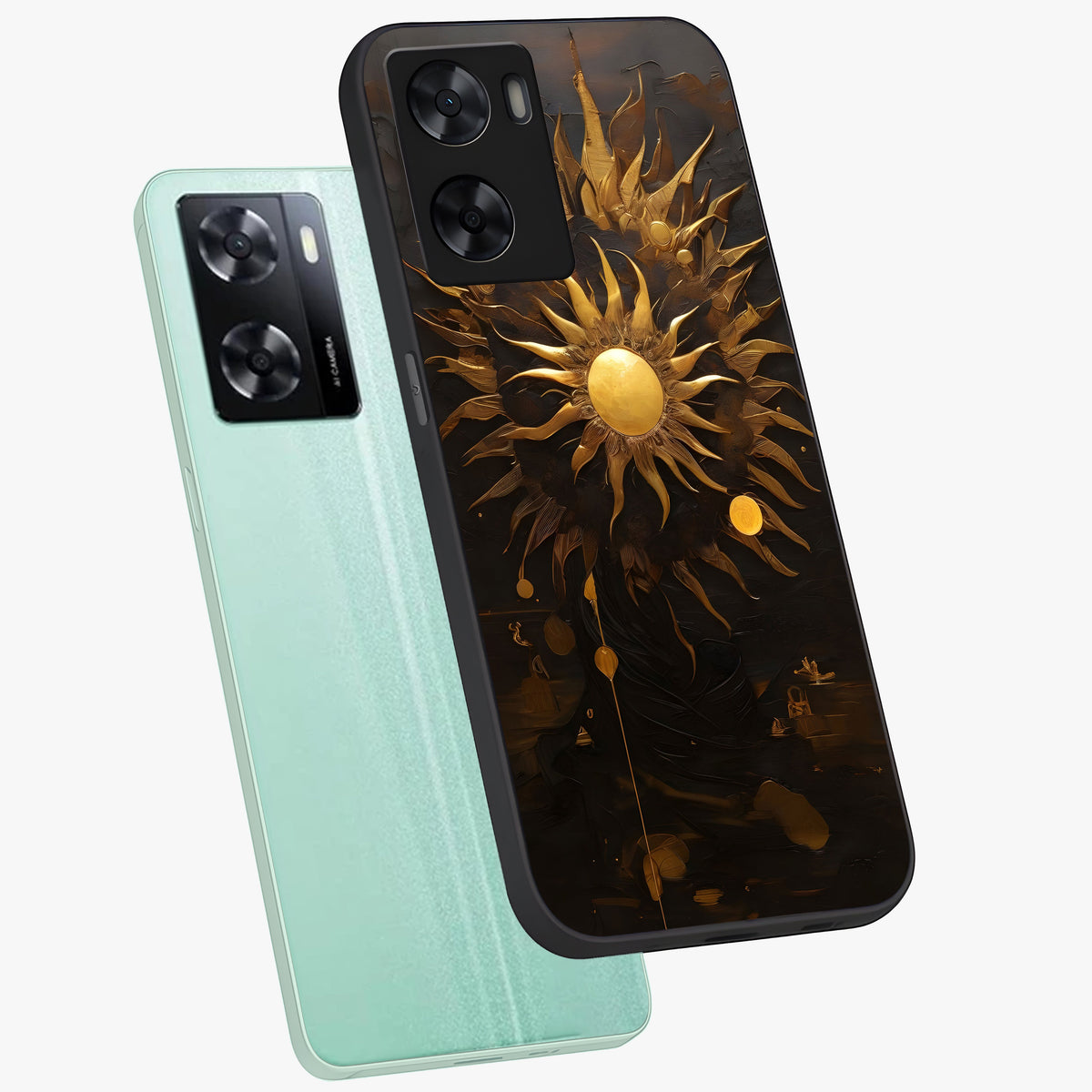 Golden Sun Majesty Glass Case displayed in angled mockup highlighting eerie shadow illustration with gothic aesthetic.
