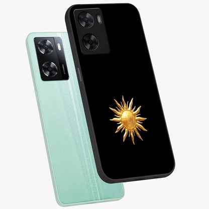 Golden Sun Minimalism Glass Case displayed in angled mockup highlighting eerie shadow illustration with gothic aesthetic.