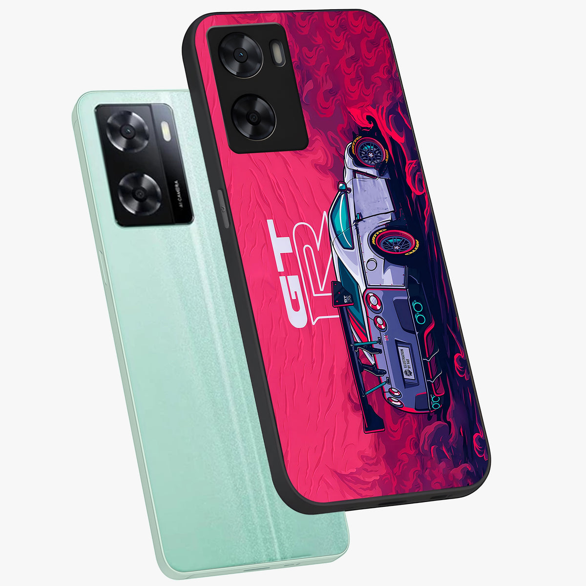 GT-R Car Pattern Glass Case displayed in angled mockup highlighting racing car graphic design with bold automotive aesthetic.