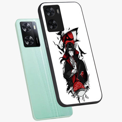 Itachi Limited Edition Naruto Anime Glass Case displayed in angled mockup highlighting dramatic anime illustration with bold action aesthetic.