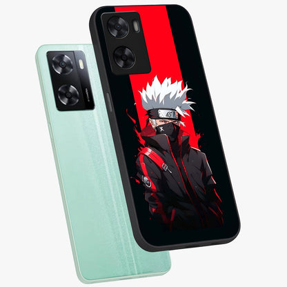 Kakashi Scarlet Shadow Glass Case displayed in angled mockup highlighting dramatic ninja illustration with scarlet themed aesthetic.