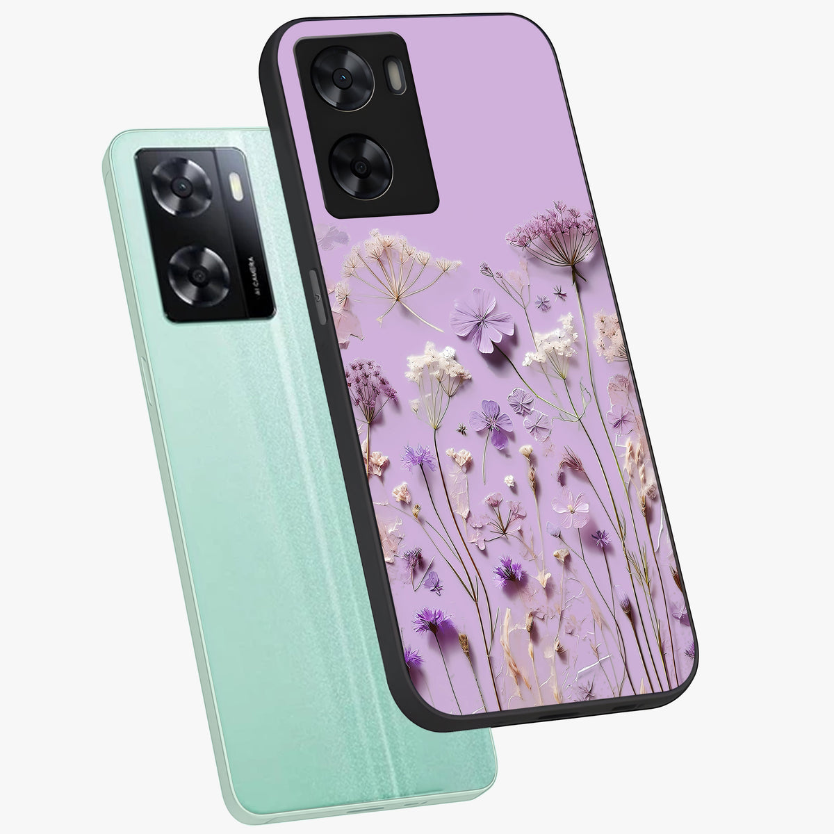 Lavender Blossom Dream Glass Case displayed in angled mockup highlighting dreamy lavender flower design with calming aesthetic style.