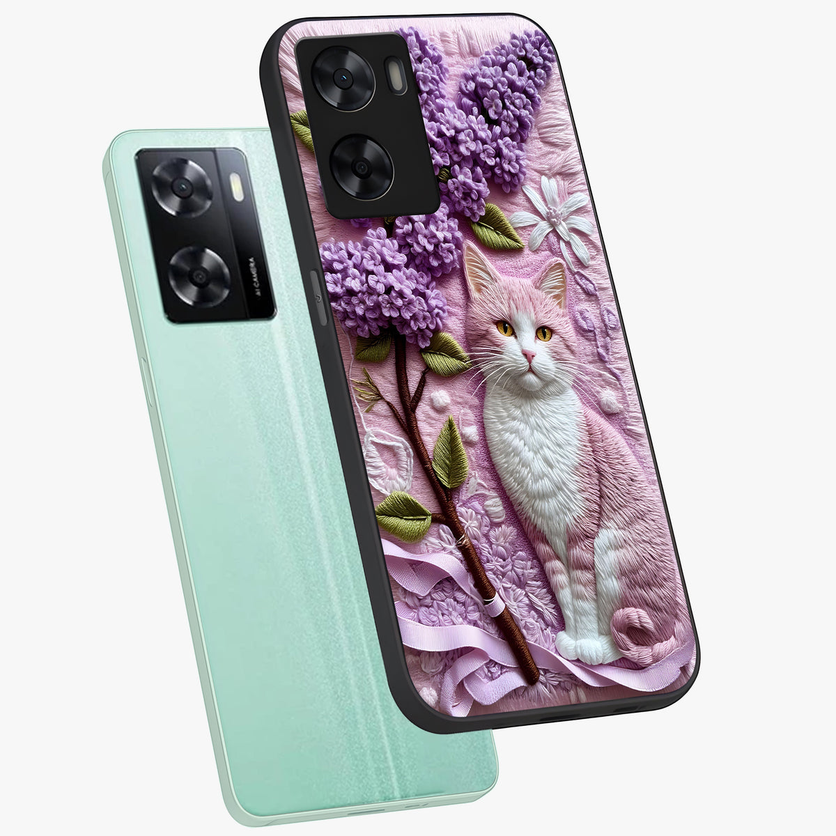 Lavender Cat Whimsy Glass Case displayed in angled mockup highlighting playful feline illustration with pastel lavender aesthetic.
