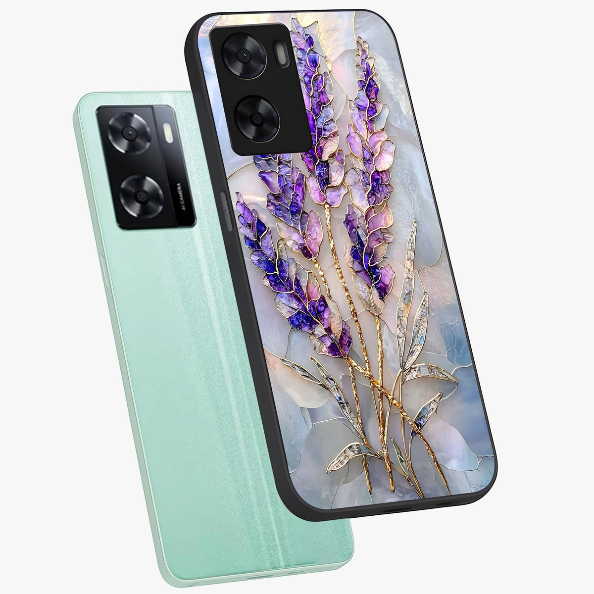 Lavender Dream Glow Glass Case displayed in angled mockup highlighting dreamy purple glow design with soft artistic style.