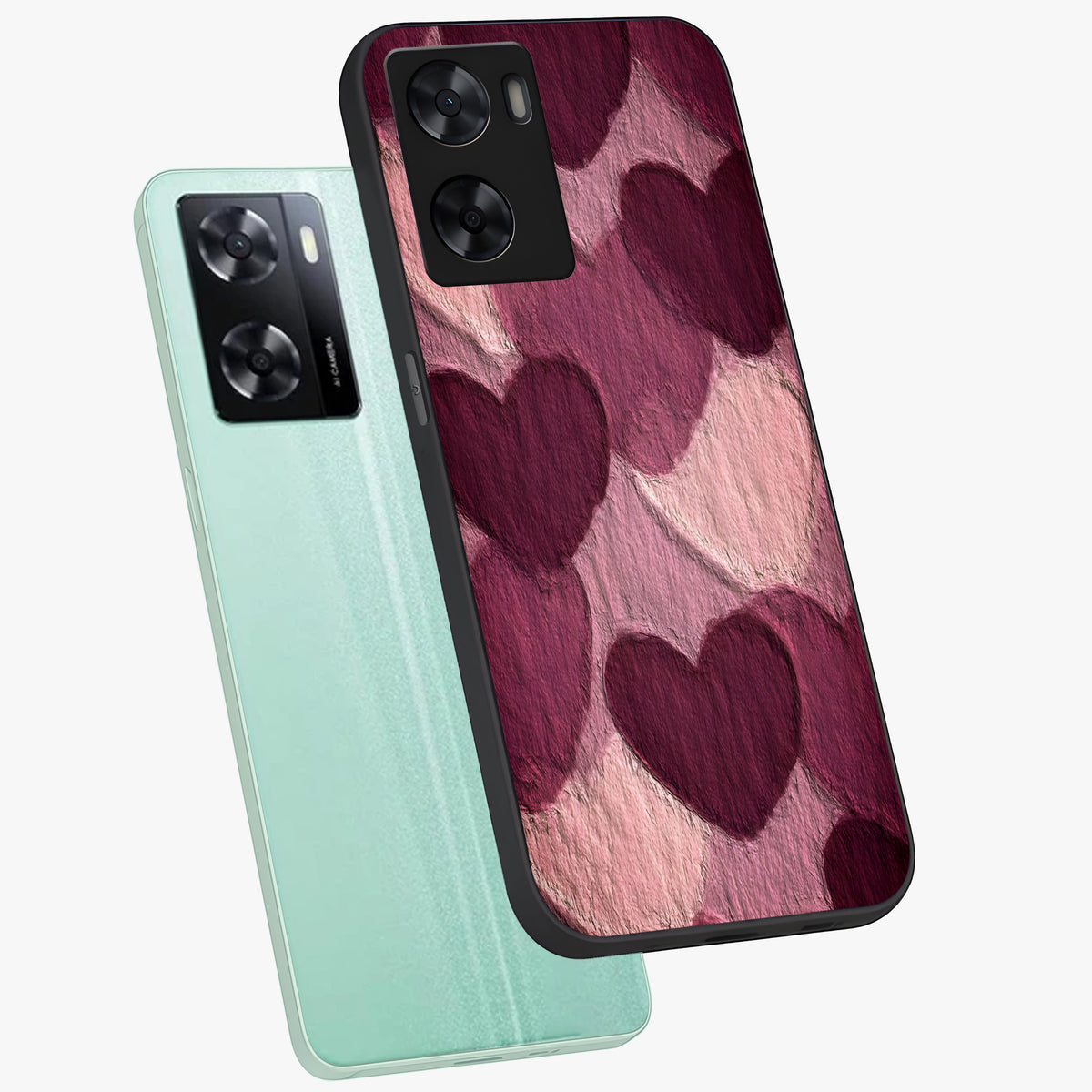 Layered Paper Hearts Glass Case displayed in angled mockup highlighting creative paper craft heart design with romantic aesthetic.