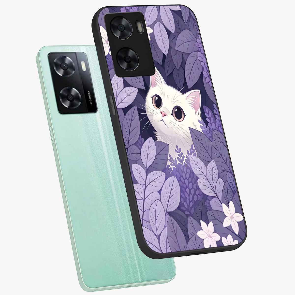 Lilac Hide Peek Cat Glass Case displayed in angled mockup highlighting playful feline illustration with lilac aesthetic design.