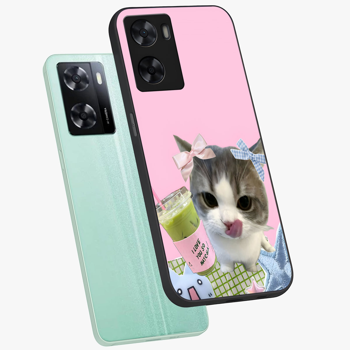 Love Matcha Cat Glass Case displayed in angled mockup highlighting playful feline illustration with cozy matcha aesthetic.