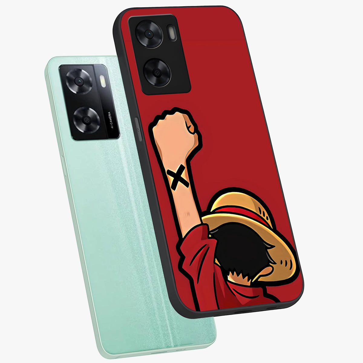Luffy X Spirit Glass Case displayed in angled mockup highlighting powerful anime design with energetic action aesthetic.